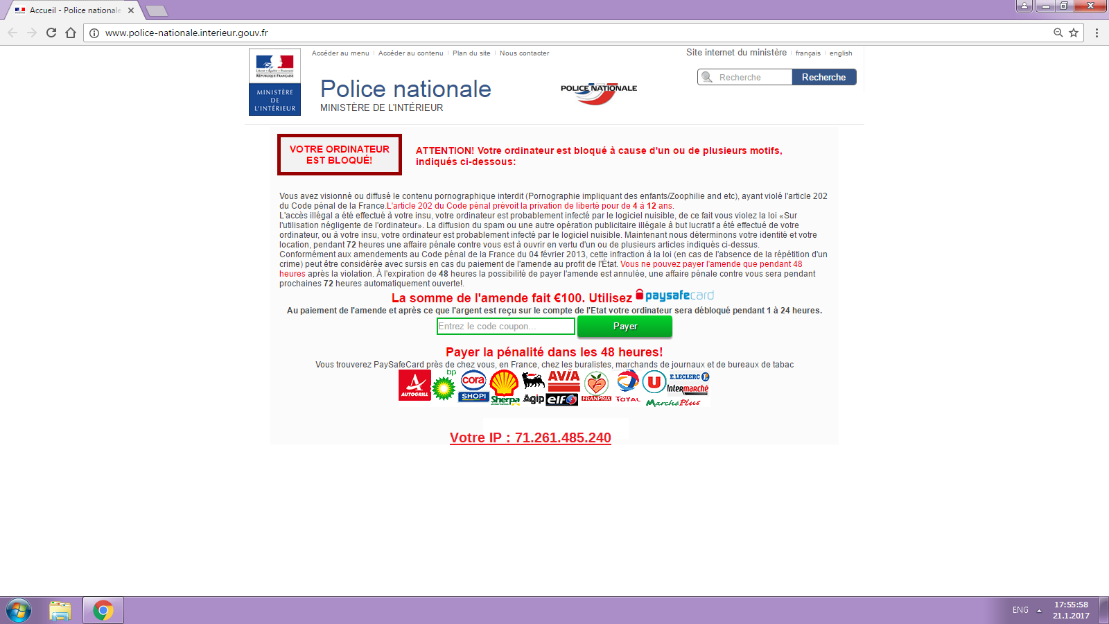 armee ministere sucres paysafecard gilbert interieur police porn internet redirection pedo amende 2 100 euros