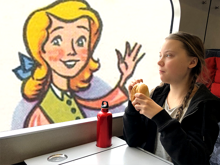 femme dessin dejeuner thunberg petit train greta ecologie