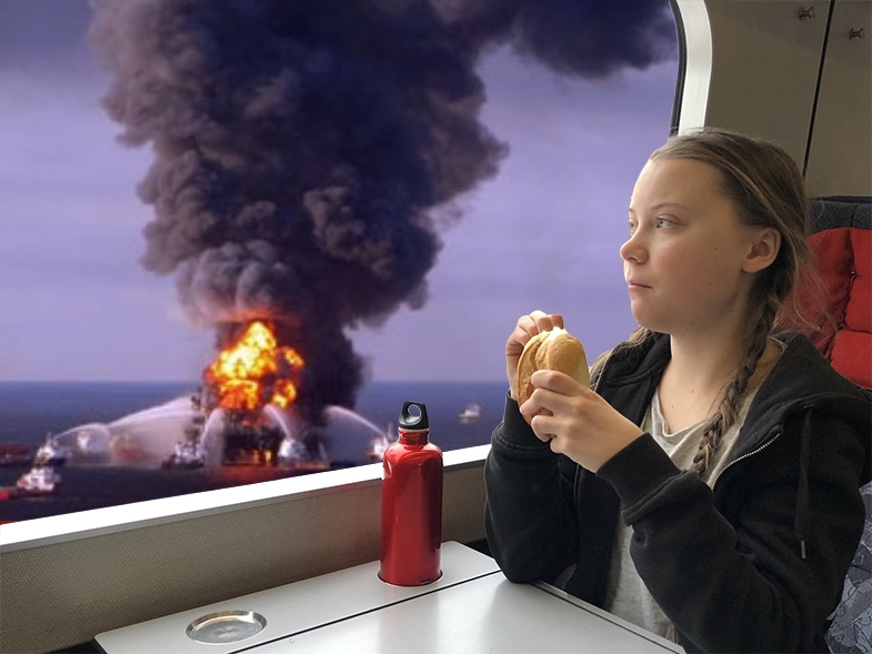 explosion thunberg petit train ecologie eau forme dejeuner polluant feu other mer greta petrole plate offshore
