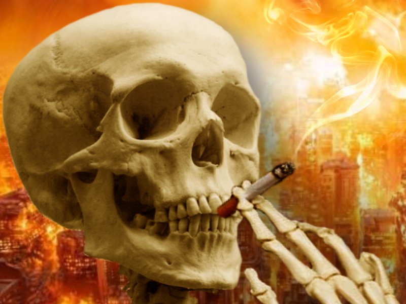 ww3 alerte nucleaire radiocactif fume clope cigarette main feu apocalypse yrr ykk incendie squelette crane