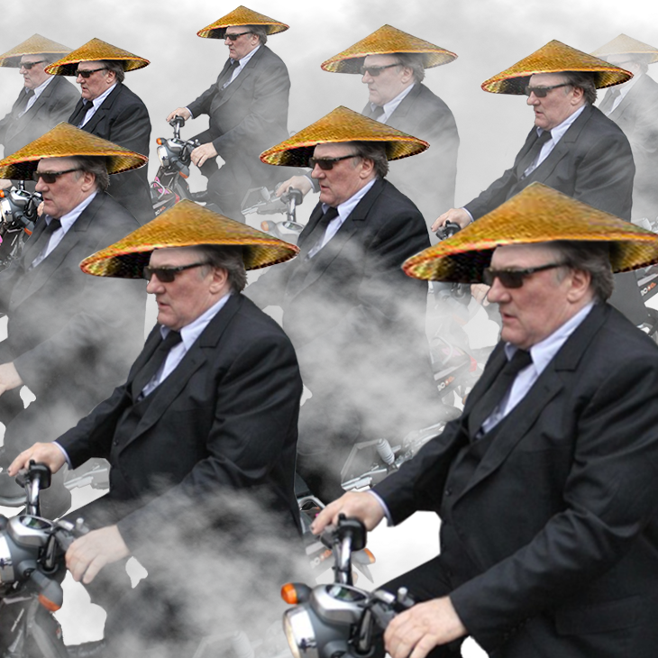 gege gerard depardieu mini scooter chine chinois fumee ville trafique