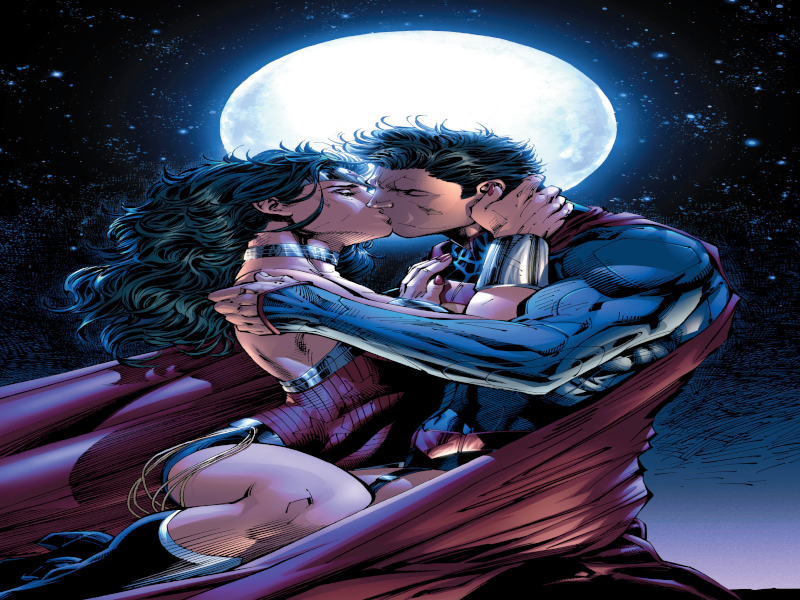 superman wonder woman couple embrasser kiss