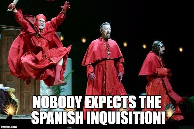 monthy python nobody expects the spanish inquisition rouge cardinal espagnole espagnol surprise inattendu choc theatre