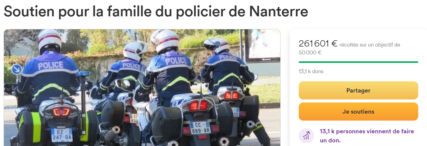 cagnotte police policier nahel nael flic tir argent moto soutien famille nanterre justice paz 00000