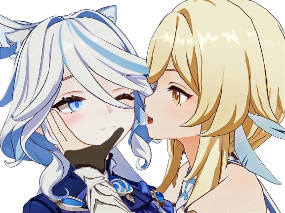 genshin furina focalors lumine voyageuse tabibito traveler lesbienne yuri amour couple bisou embrasser