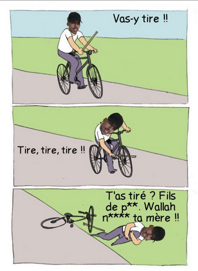 arabe bougnoule qlf drancy tire algerie singe macaque meme velo baton arme pistolet emeutes