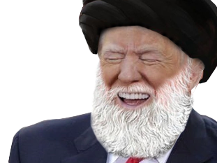 trump miga maga iran israel ww3 guerre turban barbe arabe islam usa rire cravatte dent