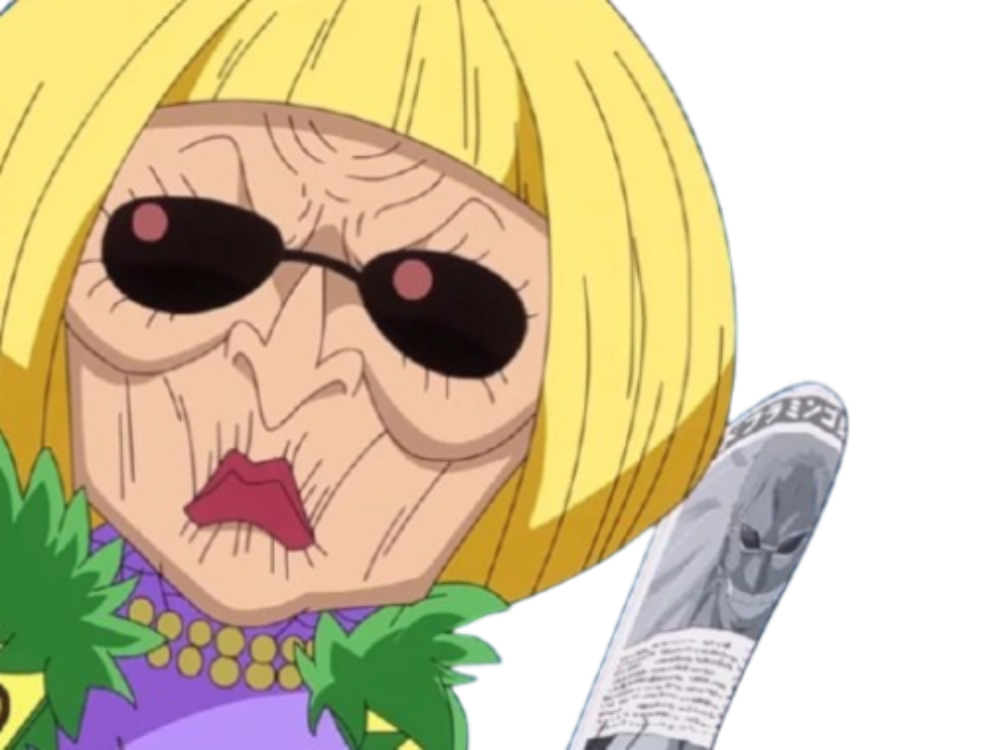 one piece miss buckingham stussy vieille granny mamie clone blonde lunettes