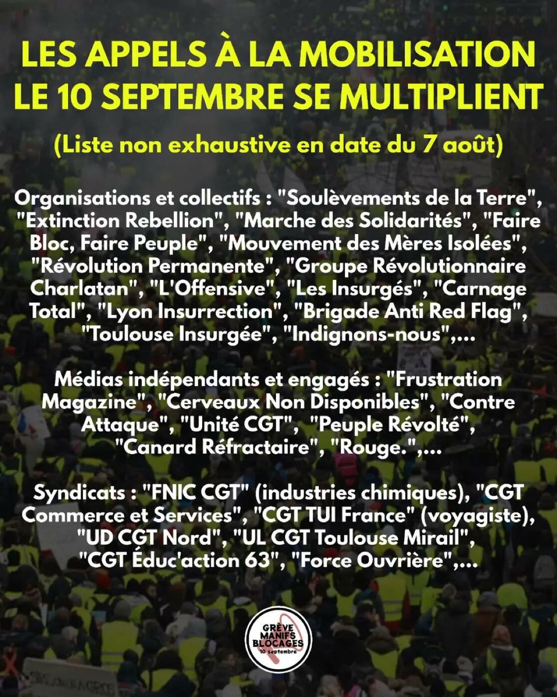 10 septembre 2025 macron bayrou manifestation gauche gaucho gauchiste gilets jaune finito vol mobilisation