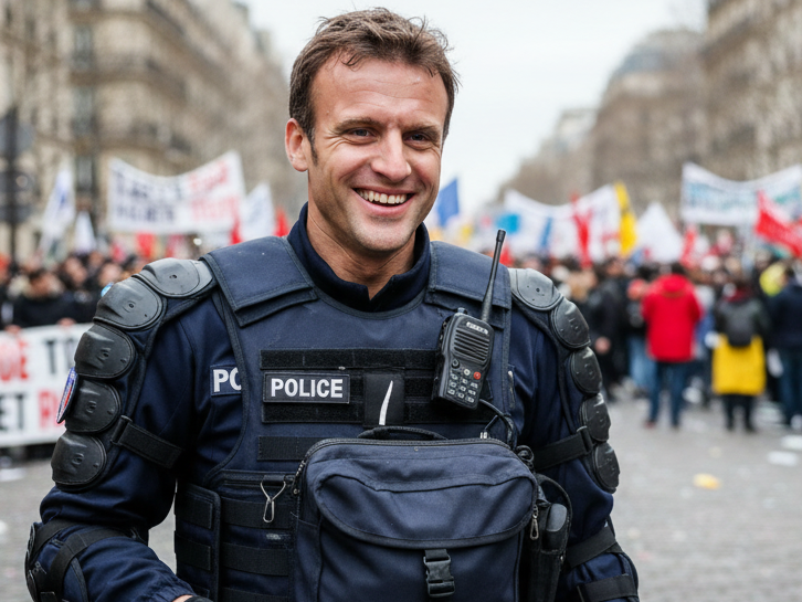 macron emmanuel president lrem gouvernement elysee yrr rire policier crs emeute manif