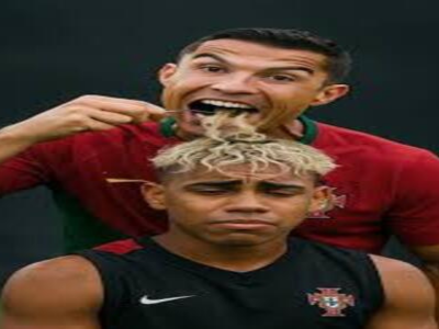 cristiano ronaldo lamine yamal triste bon appetit fourchette sourire cheveux spaghetti spaghettis mange bouffe