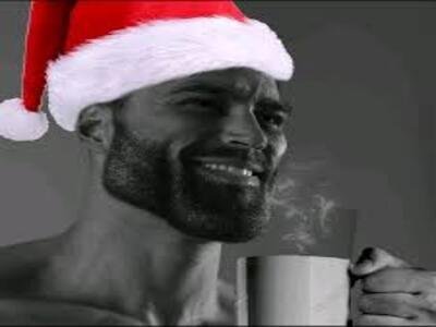 gigachad chad bg sourire muscu gris bonnet chapeau noel tasse boire chocolat chaud cafe the