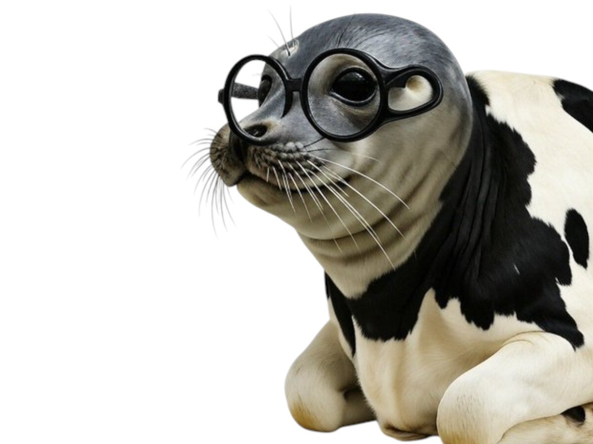 tete phoque otarie leopard de mer corps vache lunettes fusion hybride assis couche