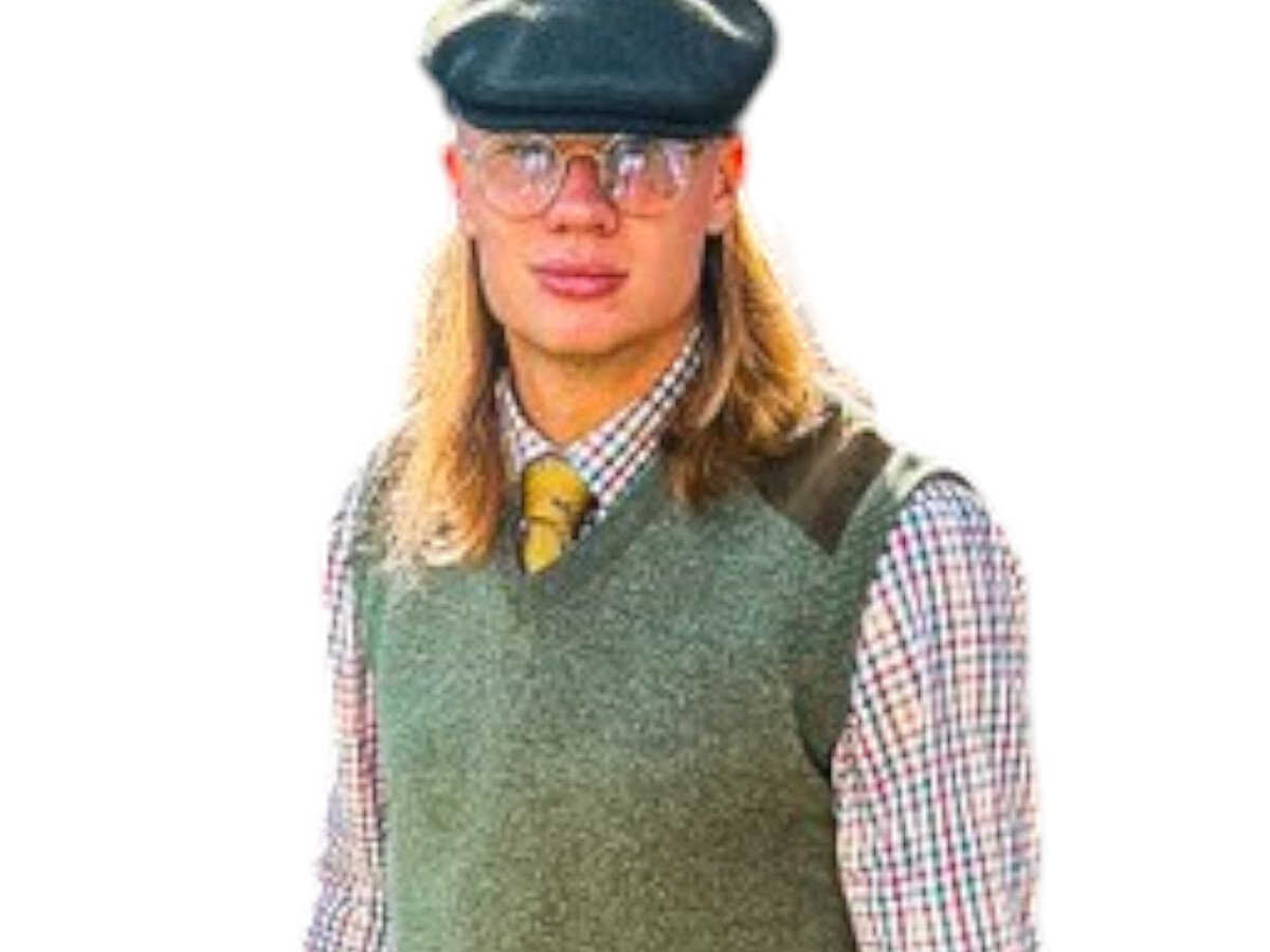erling haaland prof professeur de philo dhistoire vetements vieux chemise a carreaux pull cravate beret