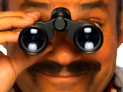 risitas observateur pervers jumelle loupe telescope observe regarde coquin sourire content spectateur zoom flou