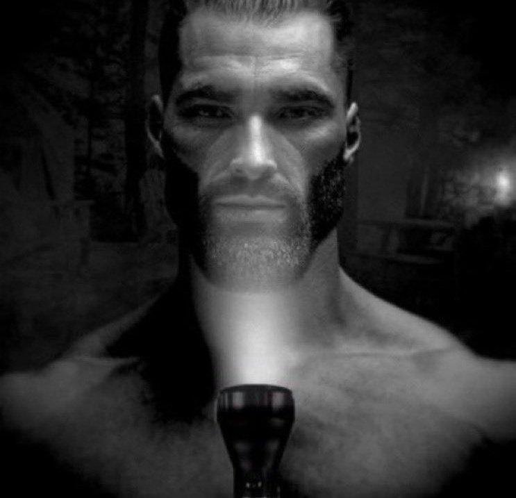 giga chad gigachad lampe lumiere noir sombre histoire peur effrayant mysterieux mystere sharty soyjak party