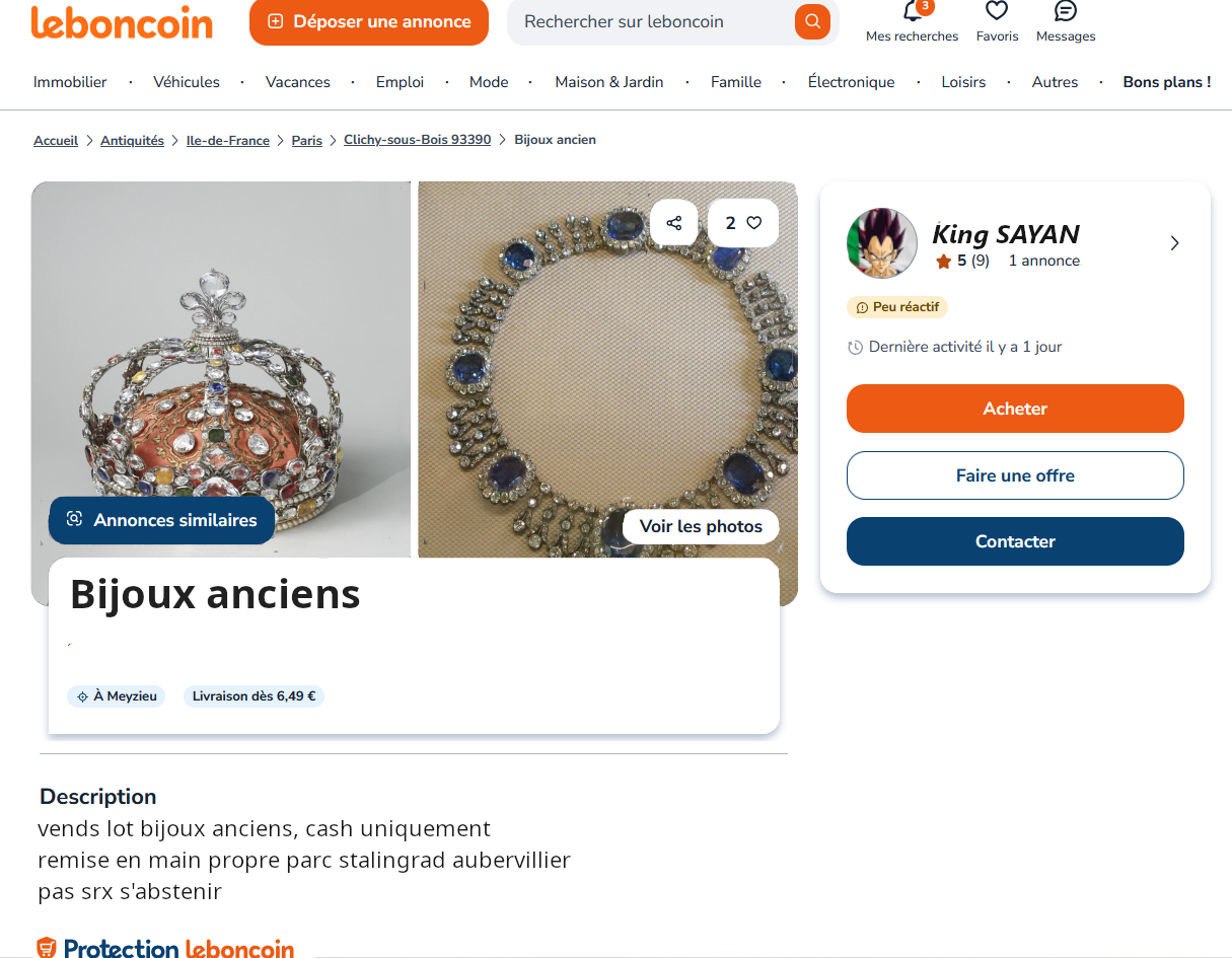 vol musee louvre bijoux couronne cambriolage leboncoin