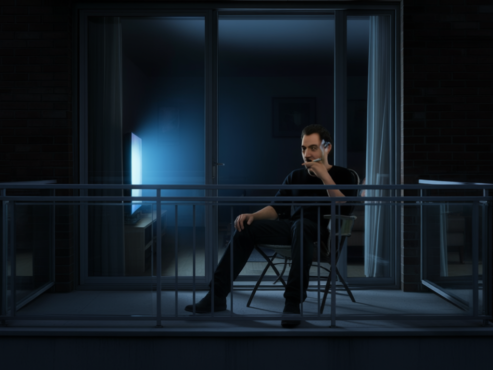 balcon clope soir hlm salon nuit cigarette fume pense reflechi souvenir nostalgie seul appartement