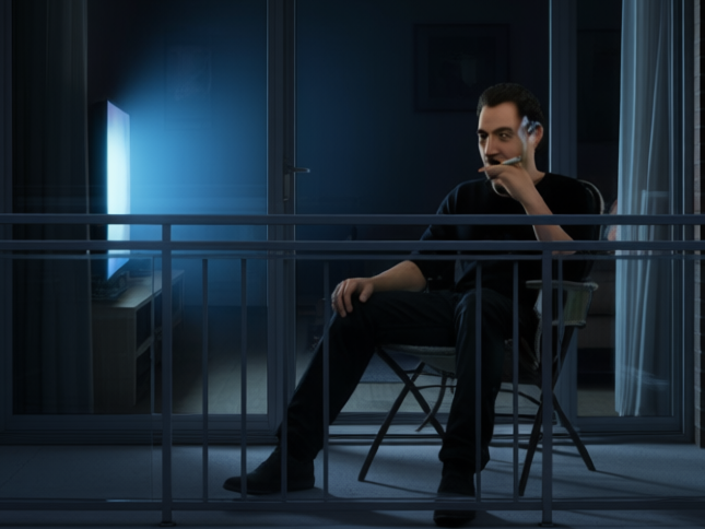 balcon clope soir hlm salon nuit cigarette fume pense reflechi souvenir nostalgie seul appartement