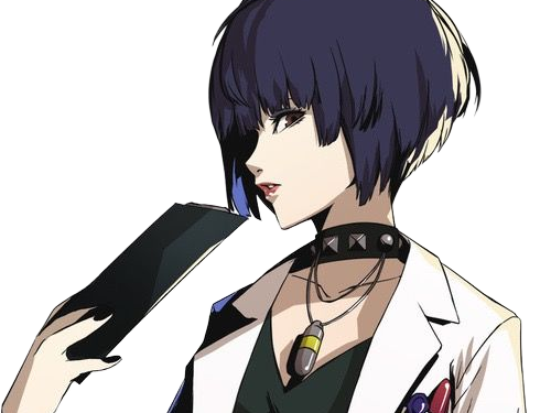 tae takemi persona-5 p5 jeu video rpg medecin punk gothique femme cheveux-bleus-fonces yeux-marrons blouse-blanche waifu