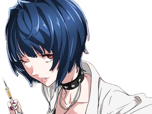 tae takemi persona-5 p5 jeu video rpg medecin punk gothique femme cheveux-bleus-fonces yeux-marrons blouse-blanche waifu