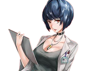 tae takemi persona-5 p5 jeu video rpg medecin punk gothique femme cheveux-bleus-fonces yeux-marrons blouse-blanche waifu