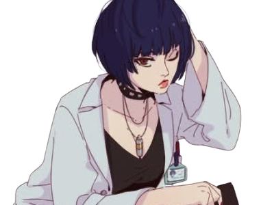 tae takemi persona-5 p5 jeu video rpg medecin punk gothique femme cheveux-bleus-fonces yeux-marrons blouse-blanche waifu