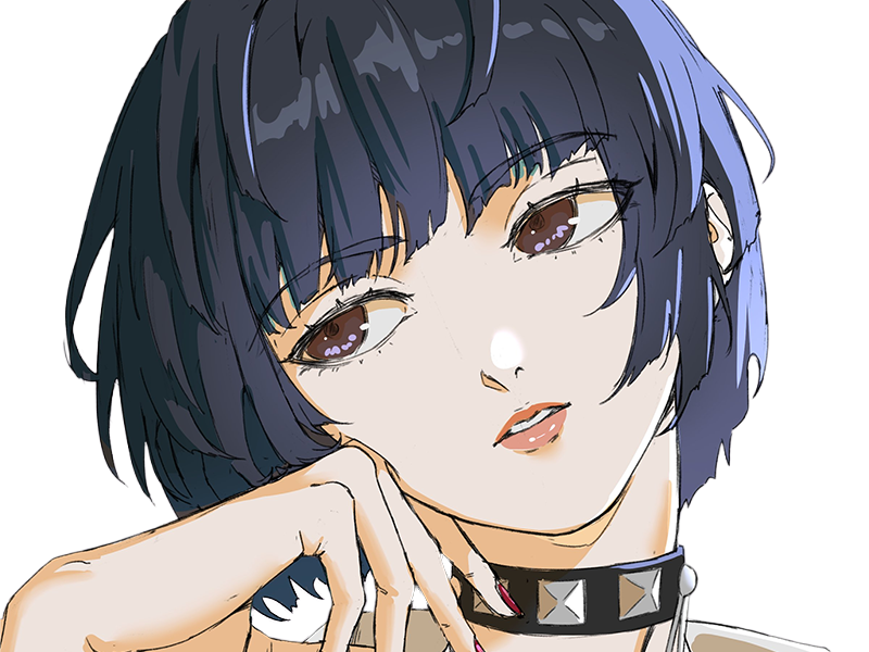 tae takemi persona-5 p5 jeu video rpg medecin punk gothique femme cheveux-bleus-fonces yeux-marrons blouse-blanche waifu