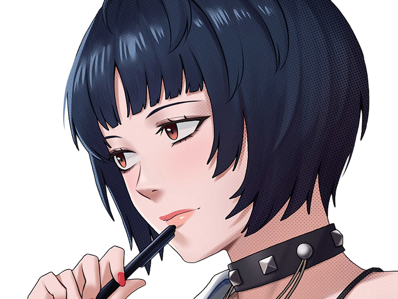tae takemi persona-5 p5 jeu video rpg medecin punk gothique femme cheveux-bleus-fonces yeux-marrons blouse-blanche waifu