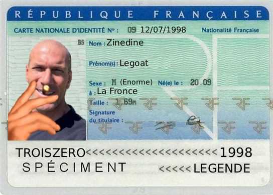 zinedine zidane zizou cni carte nationale identite 1998 coupe du monde legende