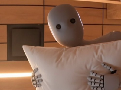 neo robot humanoide domestique autonome regarde regard haut reveil oreiller coussin polochon etouffe bonne nuit