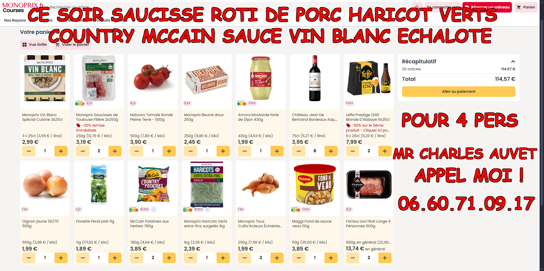 repas ce soir de monsieur charles auvet pour 4 personnes 0660710917