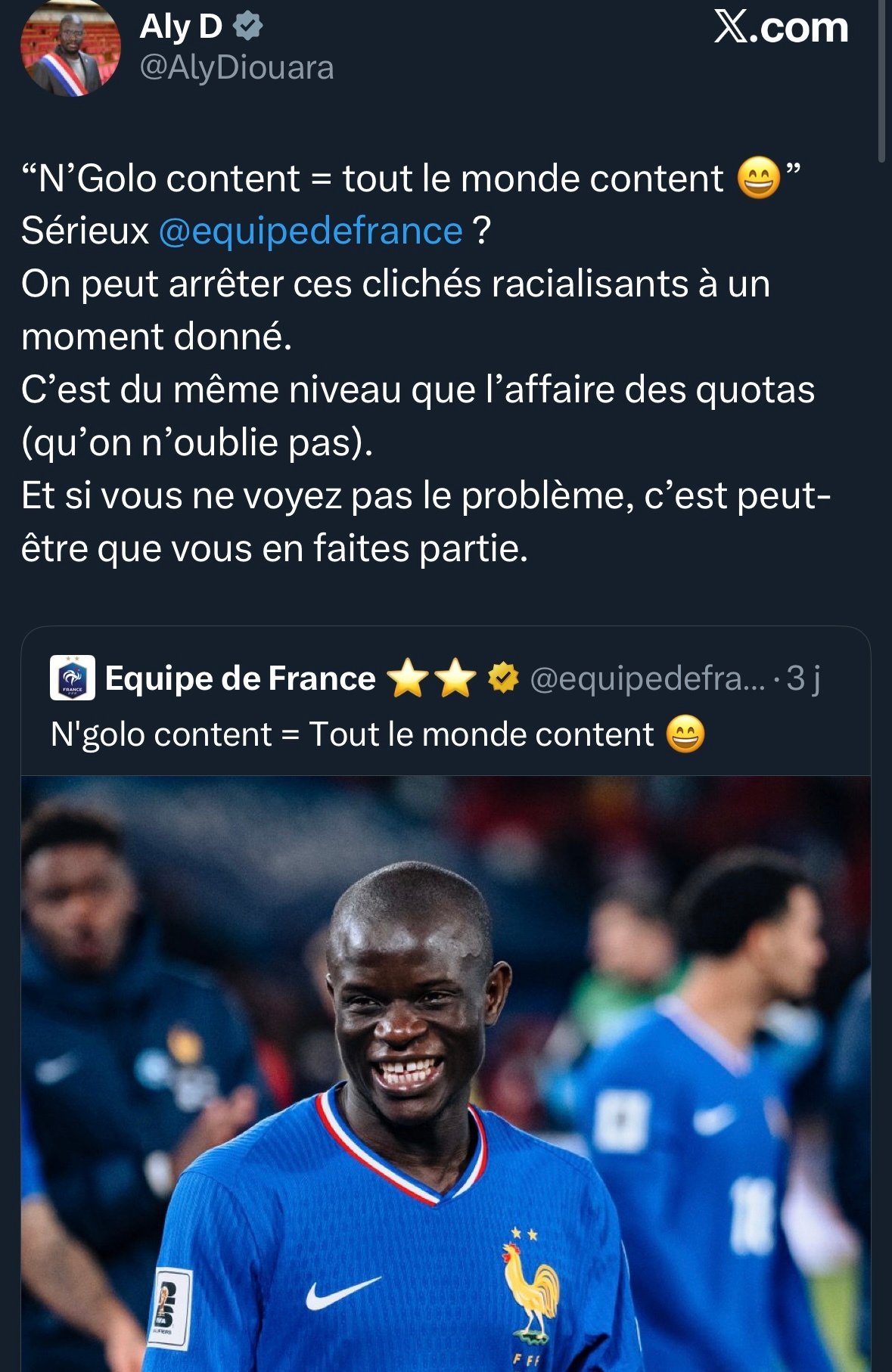 ngolo kante equipe france football bleus noir africain auto victimisation