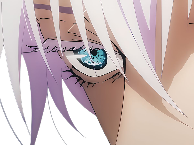 satoru gojo exorciste professeur classe-s jujutsu kaisen jjk anime manga homme le-plus-fort sans-bandeau cheveux-blancs yeux-bleus