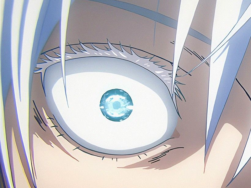 satoru gojo exorciste professeur classe-s jujutsu kaisen jjk anime manga homme le-plus-fort sans-bandeau cheveux-blancs yeux-bleus