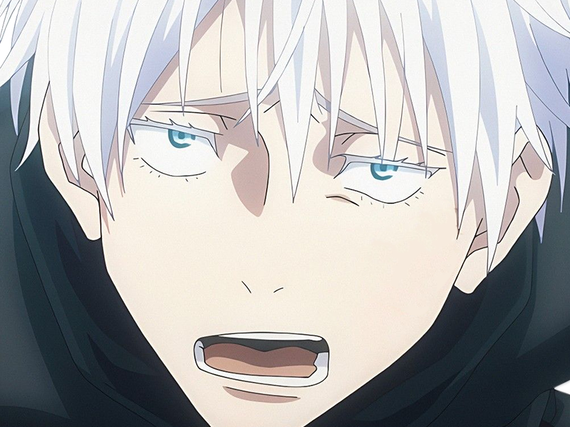 satoru gojo exorciste professeur classe-s jujutsu kaisen jjk anime manga homme le-plus-fort sans-bandeau cheveux-blancs yeux-bleus