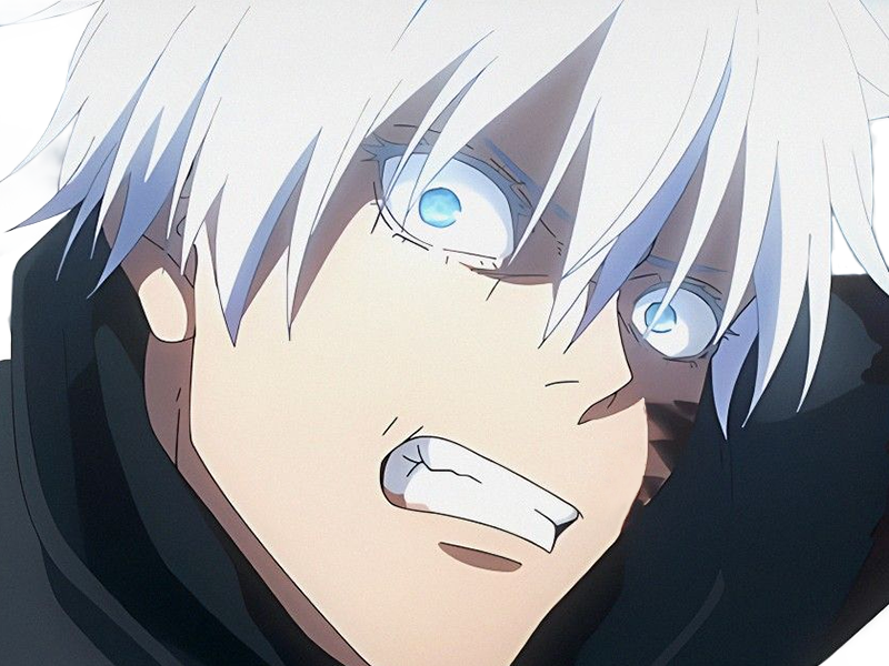 satoru gojo exorciste professeur classe-s jujutsu kaisen jjk anime manga homme le-plus-fort sans-bandeau cheveux-blancs yeux-bleus