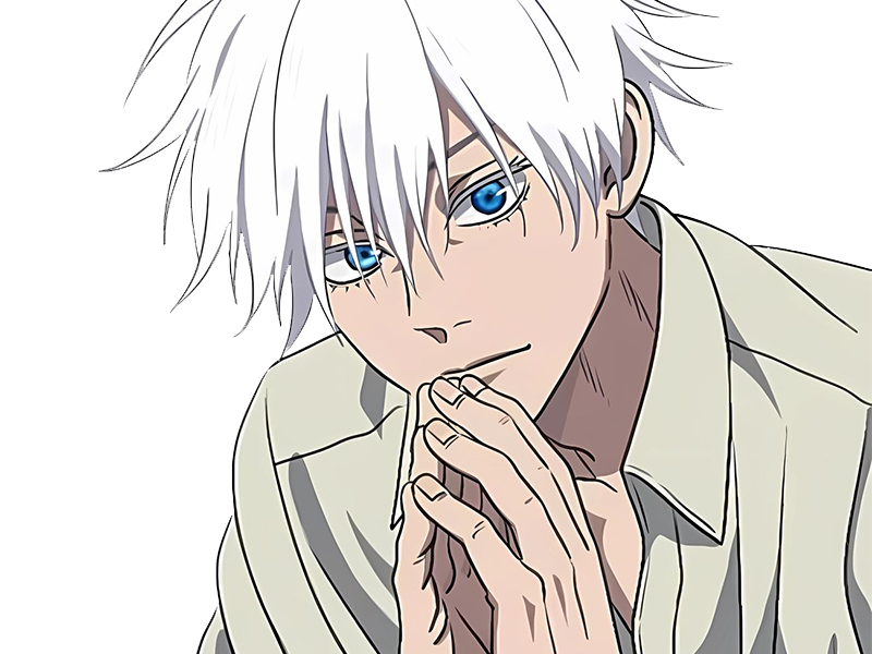 satoru gojo exorciste professeur classe-s jujutsu kaisen jjk anime manga homme le-plus-fort sans-bandeau cheveux-blancs yeux-bleus