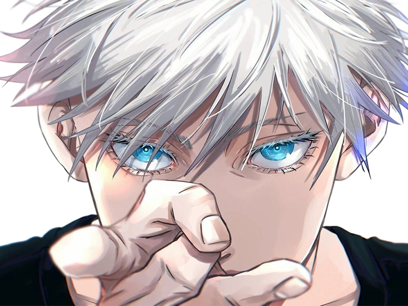 satoru gojo exorciste professeur classe-s jujutsu kaisen jjk anime manga homme le-plus-fort sans-bandeau cheveux-blancs yeux-bleus