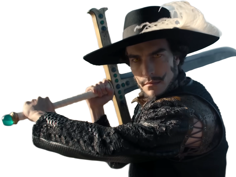 dracule mihawk oeil-de-faucon epeiste one piece live action netflix homme yeux-jaunes cheveux-noirs steven ward sud-africain