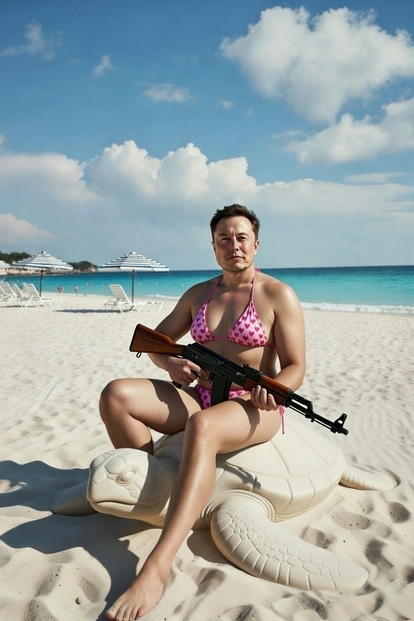 elonmusk elon musk grok plage ak47 maillot bikini
