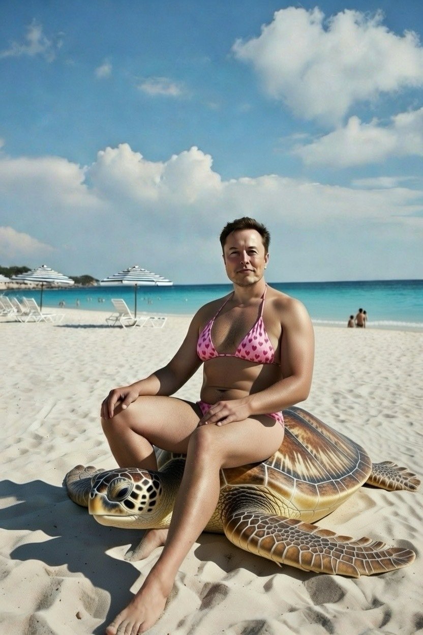 grok plage bikini transat soutif soutiengorge rose coeurs elonmusk elon musk maillot mer tortue