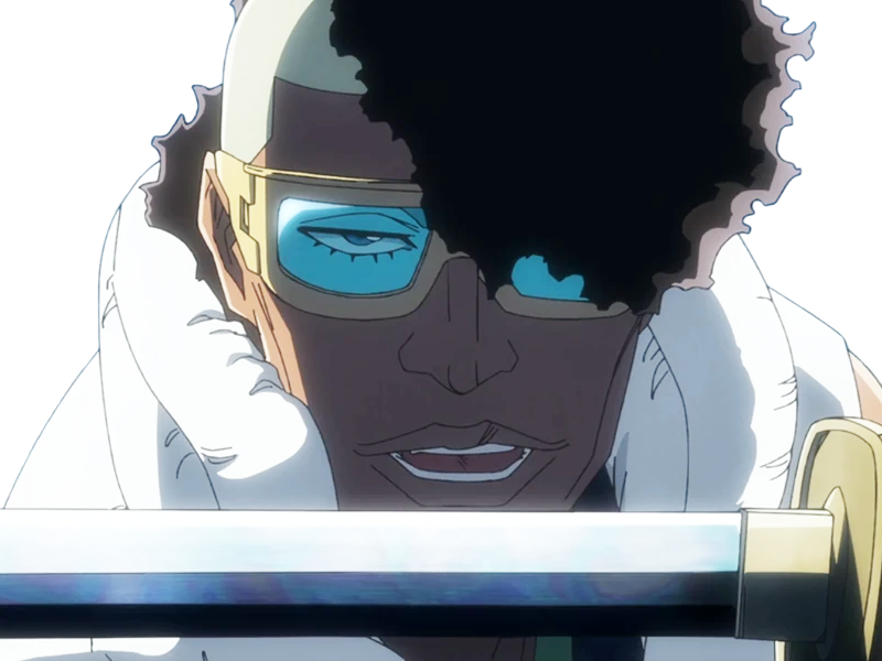 oetsu nimaiya bleach anime manga shinigami ame division-zero garde-royal forgeron-zanpakuto dieu-des-sabres homme black cheveux-noirs lunettes-de-soleil