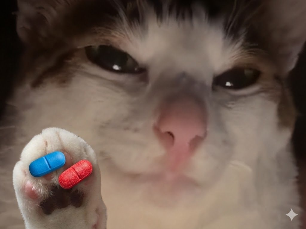 cat pillule pil chat suspect bleue rouge bleu matrix