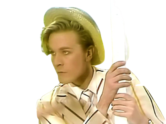 look regarde canotier chapeau blond veste nun tyrolien canne glace poteau mate pokerface