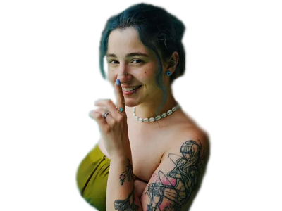 khala mite khalamite fille cheveux bleus piercings tatouages actrice porno sourire doigt chut secret