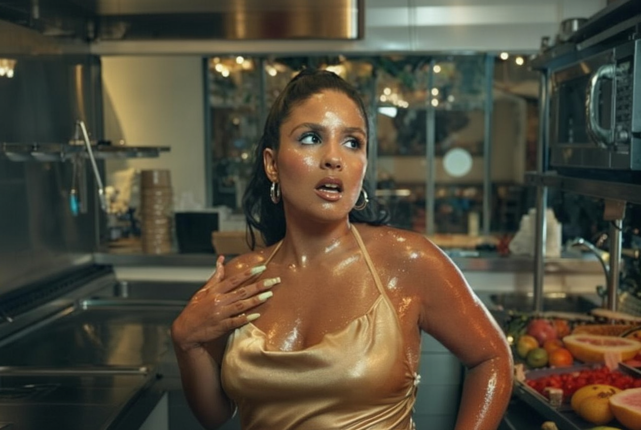 lmk chanteuse transpire de sueur dans une cuisine chaude