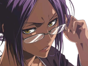 yoruichi shihouin bleach peau mate yeux ambre jaune cheveux violets desdemone loco bloop lunettes