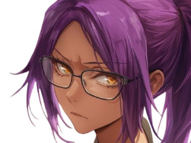 yoruichi shihouin bleach peau mate yeux ambre jaune cheveux violets desdemone loco bloop lunettes