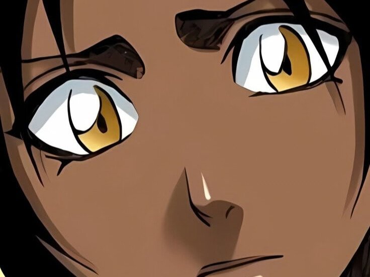 yoruichi shihouin bleach peau mate yeux ambre jaune cheveux violets desdemone loco bloop